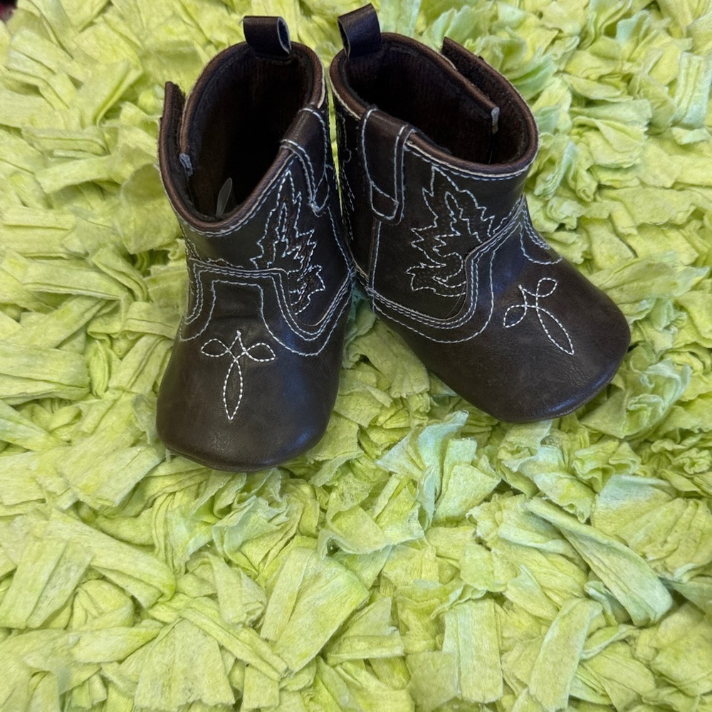 Rising Star Brand, Baby Cowboy Boots, 3-6 Months, stitched, faux brown leather - Picture 3 of 7